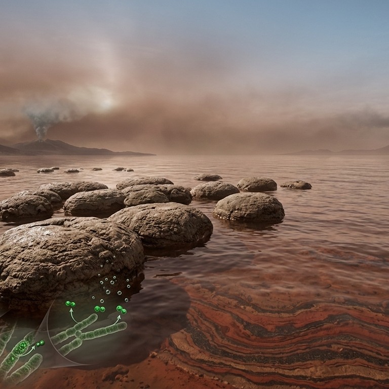 A wide-angle landscape visualization of early Earth during the Great Oxygenation Event. In the foreground, domed, layered stromatolites made of cyanobacteria rise from shallow, iron-rich reddish water, which is streaked with rusty red and dark mineral layers of banded iron formations below. Microscopic cyanobacteria are visible in the lower foreground water. The sky transitions from a murky, reddish-brown haze near the distant, smoking volcanic landmasses on the horizon to a faint, atmospheric blue above, lit by pale sunlight. The style is an ultra-realistic scientific illustration with volumetric lighting.