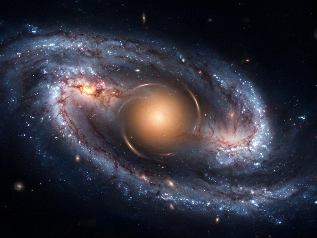 A cinematic, ultra-detailed digital artwork of a young spiral galaxy, resembling an early Milky Way. The vast rotating disk features swirling spiral arms composed of glowing blue-white stars and dense, luminous clouds of violet and soft red interstellar gas. A warm, golden-orange central bulge glows intensely at the core, showing subtle gravitational lensing distortion that hints at a supermassive black hole. One specific region in a spiral arm appears brighter and more concentrated, representing a collapsing molecular cloud. The galaxy is set against the deep black of intergalactic space, punctuated by a few faint, distant galaxies.