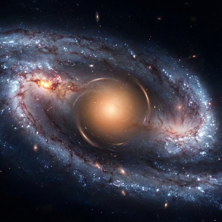 A cinematic, ultra-detailed digital artwork of a young spiral galaxy, resembling an early Milky Way. The vast rotating disk features swirling spiral arms composed of glowing blue-white stars and dense, luminous clouds of violet and soft red interstellar gas. A warm, golden-orange central bulge glows intensely at the core, showing subtle gravitational lensing distortion that hints at a supermassive black hole. One specific region in a spiral arm appears brighter and more concentrated, representing a collapsing molecular cloud. The galaxy is set against the deep black of intergalactic space, punctuated by a few faint, distant galaxies.