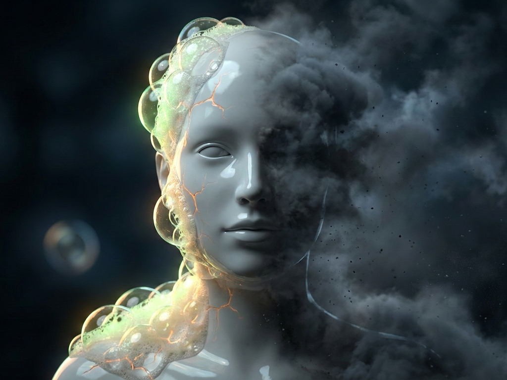 A surreal, symbolic image of a human head and shoulders emerging from darkness, the surface of the skin smooth and glossy like porcelain. Parts of the head are covered in translucent soap foam that glows faintly with artificial citrus-green and pale gold tones. Beneath the foam, faint cracks are visible, glowing softly from within, suggesting hidden depth and unrest. One side of the face appears clean, polished, and emotionless, while the other side dissolves into storm clouds, mist, and drifting particles, symbolizing wild, untamed consciousness. The background is minimal, dark, and atmospheric, with subtle light reflecting off the foam. Mood is philosophical, introspective, and hauntingly beautiful.