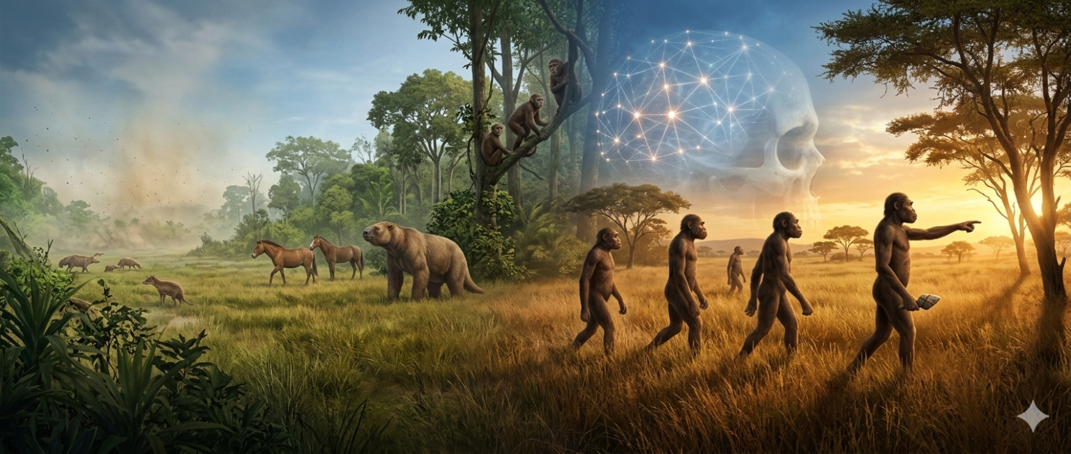 A cinematic, wide-angle panoramic visualization of the Cenozoic Era. On the left, early mammals including ancestral horses and a large, sloth-like Megatherium inhabit a lush, green forest-to-grassland transition. In the center and right, the landscape shifts to a golden African savanna where a line of early bipedal hominins walks through tall grass, with one figure pointing toward the horizon while holding a simple stone tool. In the sky above the hominins, a large, translucent human skull is integrated with a glowing, interconnected neural network pattern, symbolizing the emergence of consciousness. The scene is bathed in a warm, transformative sunset light that transitions into a cool blue sky, capturing the evolutionary journey from the post-dinosaur recovery to the awakening of human thought.