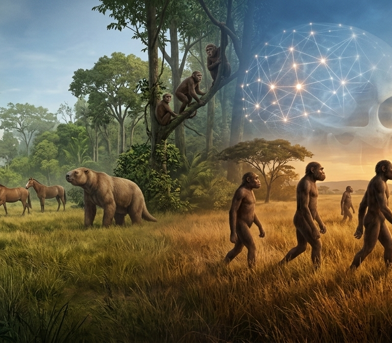 A cinematic, wide-angle panoramic visualization of the Cenozoic Era. On the left, early mammals including ancestral horses and a large, sloth-like Megatherium inhabit a lush, green forest-to-grassland transition. In the center and right, the landscape shifts to a golden African savanna where a line of early bipedal hominins walks through tall grass, with one figure pointing toward the horizon while holding a simple stone tool. In the sky above the hominins, a large, translucent human skull is integrated with a glowing, interconnected neural network pattern, symbolizing the emergence of consciousness. The scene is bathed in a warm, transformative sunset light that transitions into a cool blue sky, capturing the evolutionary journey from the post-dinosaur recovery to the awakening of human thought.