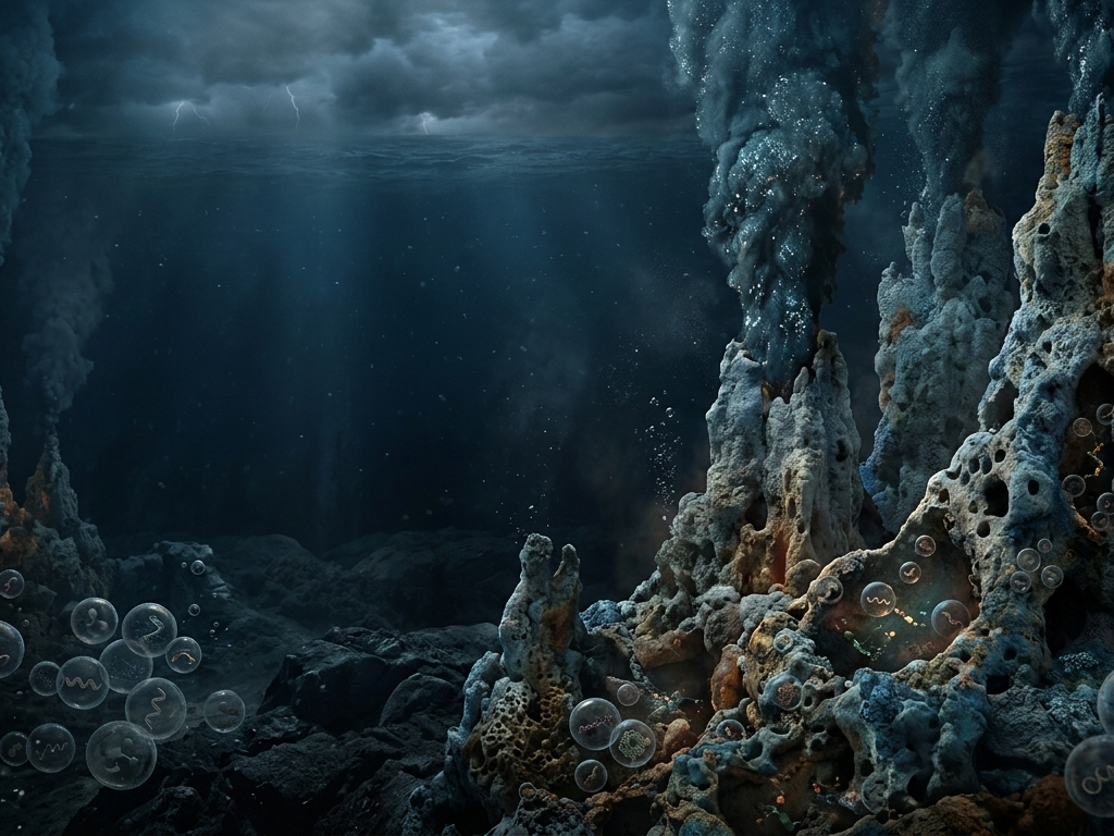 A cinematic, ultra-realistic underwater view of early Earth’s primordial ocean. Towering, porous hydrothermal vents rise from a dark, rocky seabed, emitting thick plumes of mineral-rich water. In the foreground, translucent, spherical protocells with internal RNA-like strands float within the water column. The scene is illuminated by a faint geothermal glow and dim light filtering down from a turbulent, lightning-streaked surface above, capturing the transition from chemistry to biology in a deep blue and rust-toned palette.