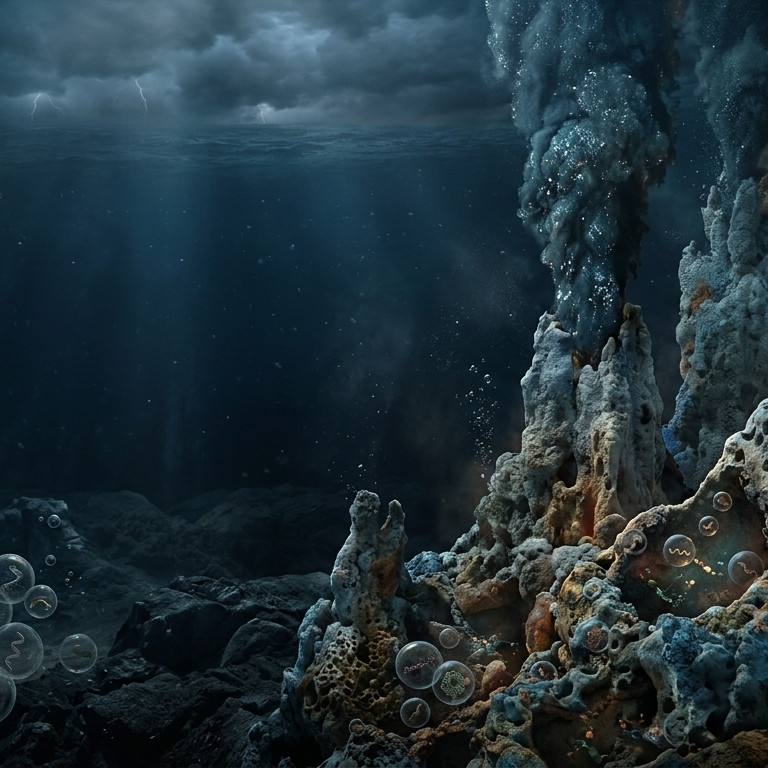 A cinematic, ultra-realistic underwater view of early Earth’s primordial ocean. Towering, porous hydrothermal vents rise from a dark, rocky seabed, emitting thick plumes of mineral-rich water. In the foreground, translucent, spherical protocells with internal RNA-like strands float within the water column. The scene is illuminated by a faint geothermal glow and dim light filtering down from a turbulent, lightning-streaked surface above, capturing the transition from chemistry to biology in a deep blue and rust-toned palette.