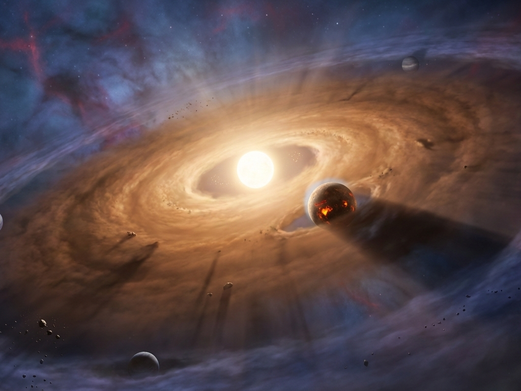 A photorealistic astrophysics visualization showing the birth of a star and planetary system. At the center, a brilliant, newly ignited white-gold protostar casts intense light. Surrounding it is a vast, rotating protoplanetary disk of gas and dust, showing a warm orange-brown inner region and a cooler blue-purple outer region. A prominent, partially molten rocky protoplanet with a lava-filled surface is forming in a clearing within the inner disk. Further out, several larger gas giant protoplanets are coalescing, creating gaps in the disk. The central star's light scatters through the dust, creating volumetric rays and shadows. The background is a faint stellar nursery nebula with deep blues, violets, and reddish wisps.