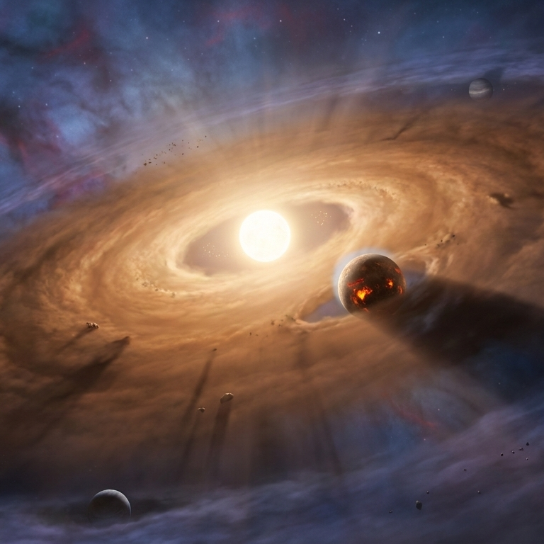 A photorealistic astrophysics visualization showing the birth of a star and planetary system. At the center, a brilliant, newly ignited white-gold protostar casts intense light. Surrounding it is a vast, rotating protoplanetary disk of gas and dust, showing a warm orange-brown inner region and a cooler blue-purple outer region. A prominent, partially molten rocky protoplanet with a lava-filled surface is forming in a clearing within the inner disk. Further out, several larger gas giant protoplanets are coalescing, creating gaps in the disk. The central star's light scatters through the dust, creating volumetric rays and shadows. The background is a faint stellar nursery nebula with deep blues, violets, and reddish wisps.
