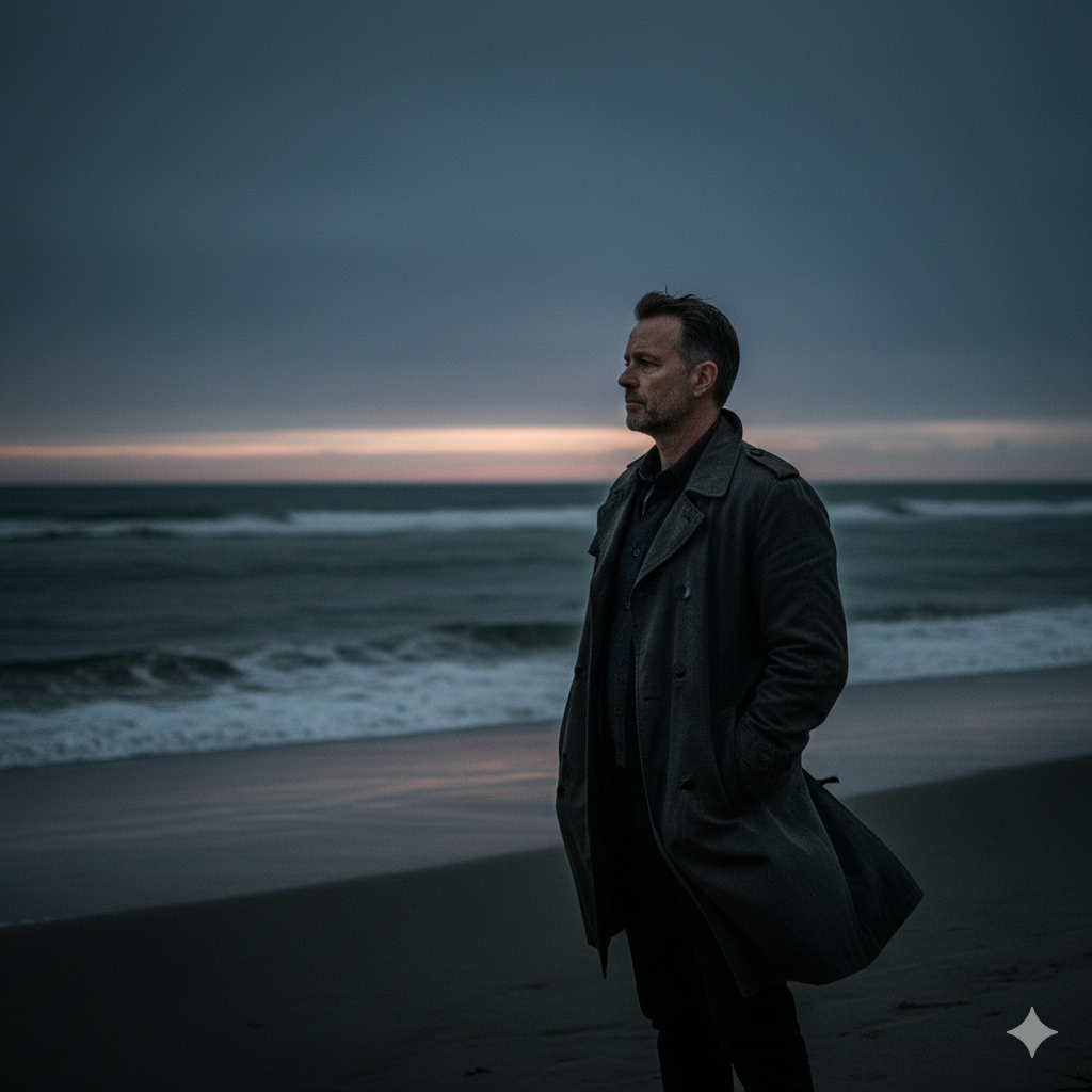 A middle-aged man standing alone on a deserted shoreline at dusk. He is facing the ocean, seen mostly from the back or in partial profile. His posture is upright but slightly tense, hands either in pockets or loosely at his sides.