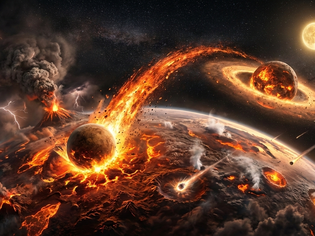 A hyper-realistic, wide-angle cosmic view of early Earth during the Giant Impact. A Mars-sized protoplanet collides with a molten, lava-covered Earth, ejecting a massive arc of incandescent debris into space. In the dark, turbulent sky, a large, glowing Moon begins to form within a debris disk, while asteroids strike the surface and volcanic eruptions release thick ash and lightning under a dim, young Sun.