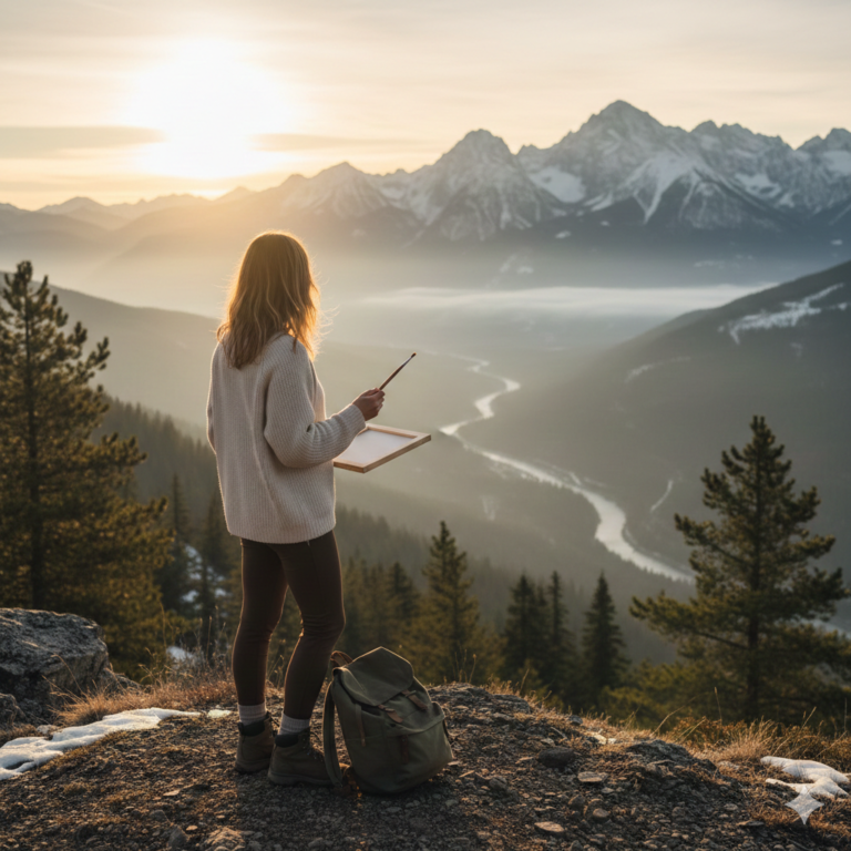A modern woman in her early thirties standing on a quiet mountain ridge at sunrise. She is seen from behind, slightly turned to the side, holding a paintbrush in one hand and a small sketchbook or canvas in the other. A backpack rests beside her on the ground.