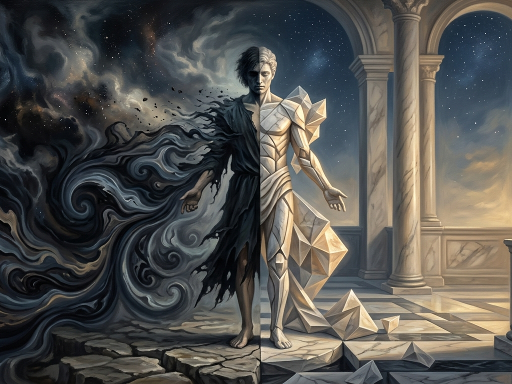 A surreal, vertically split composition depicting a human figure balanced between two opposing forces. The left side dissolves into a dark, chaotic vortex of swirling smoke and tattered robes in deep navy and black. The right side is reconstructed into a structured, geometric marble form standing within a sunlit classical hall with elegant pillars. This stark contrast between an organic abyss and architectural order creates a philosophical atmosphere of tension and balance.