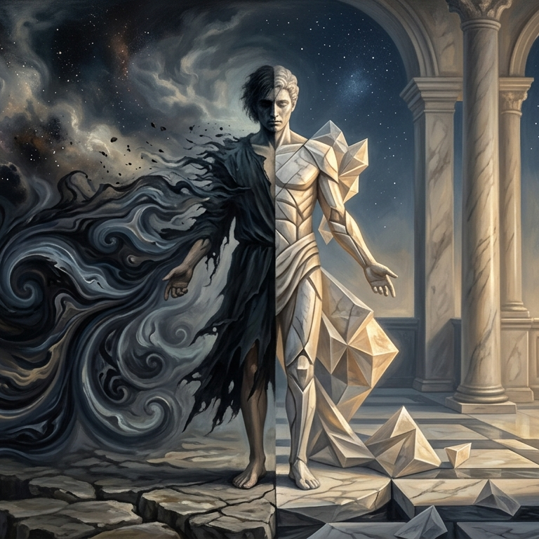 A surreal, vertically split composition depicting a human figure balanced between two opposing forces. The left side dissolves into a dark, chaotic vortex of swirling smoke and tattered robes in deep navy and black. The right side is reconstructed into a structured, geometric marble form standing within a sunlit classical hall with elegant pillars. This stark contrast between an organic abyss and architectural order creates a philosophical atmosphere of tension and balance.
