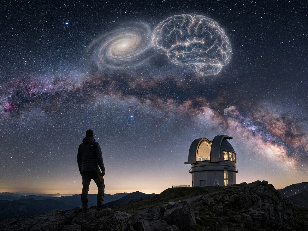 An ultra-realistic, wide-angle cinematic shot of a silhouetted human figure standing on a rugged mountain ridge at night, gazing up at a breathtaking, high-detail Milky Way. To the right, a modern ground-based observatory dome is partially open, emitting a soft, warm interior glow. In the deep indigo sky, a spiral galaxy subtly transitions into the faint, ethereal outline of a human brain composed of stardust and light. Faint, translucent patterns of DNA helices and atomic orbits are woven into the star field, symbolizing the universe achieving self-awareness through human consciousness. The mood is one of quiet, transcendent scientific reflection.