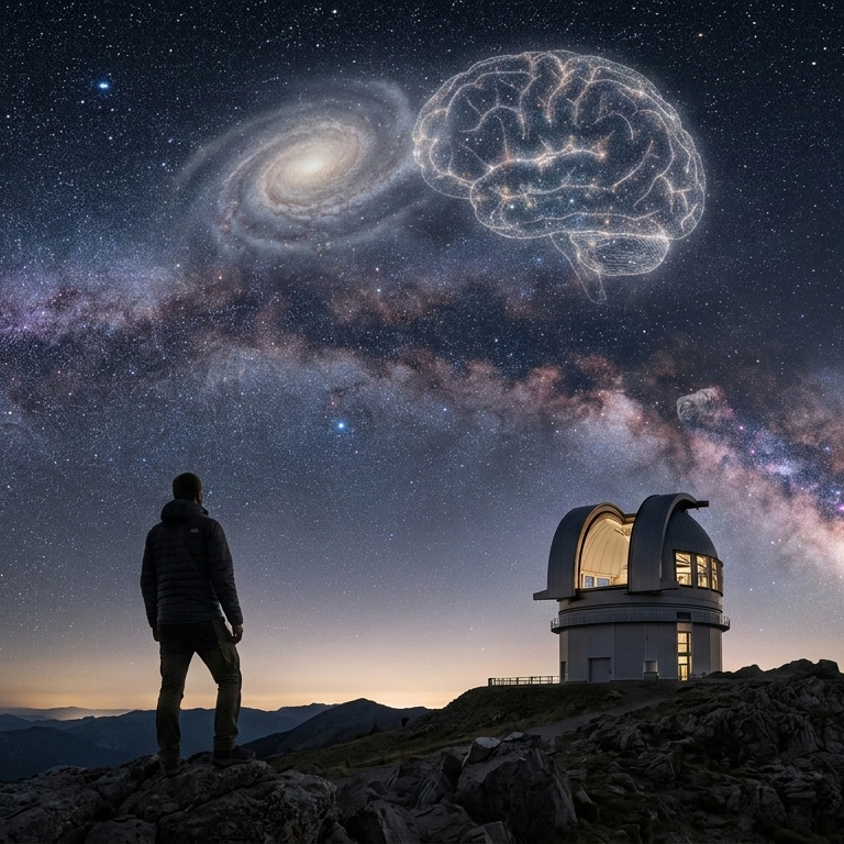 An ultra-realistic, wide-angle cinematic shot of a silhouetted human figure standing on a rugged mountain ridge at night, gazing up at a breathtaking, high-detail Milky Way. To the right, a modern ground-based observatory dome is partially open, emitting a soft, warm interior glow. In the deep indigo sky, a spiral galaxy subtly transitions into the faint, ethereal outline of a human brain composed of stardust and light. Faint, translucent patterns of DNA helices and atomic orbits are woven into the star field, symbolizing the universe achieving self-awareness through human consciousness. The mood is one of quiet, transcendent scientific reflection.