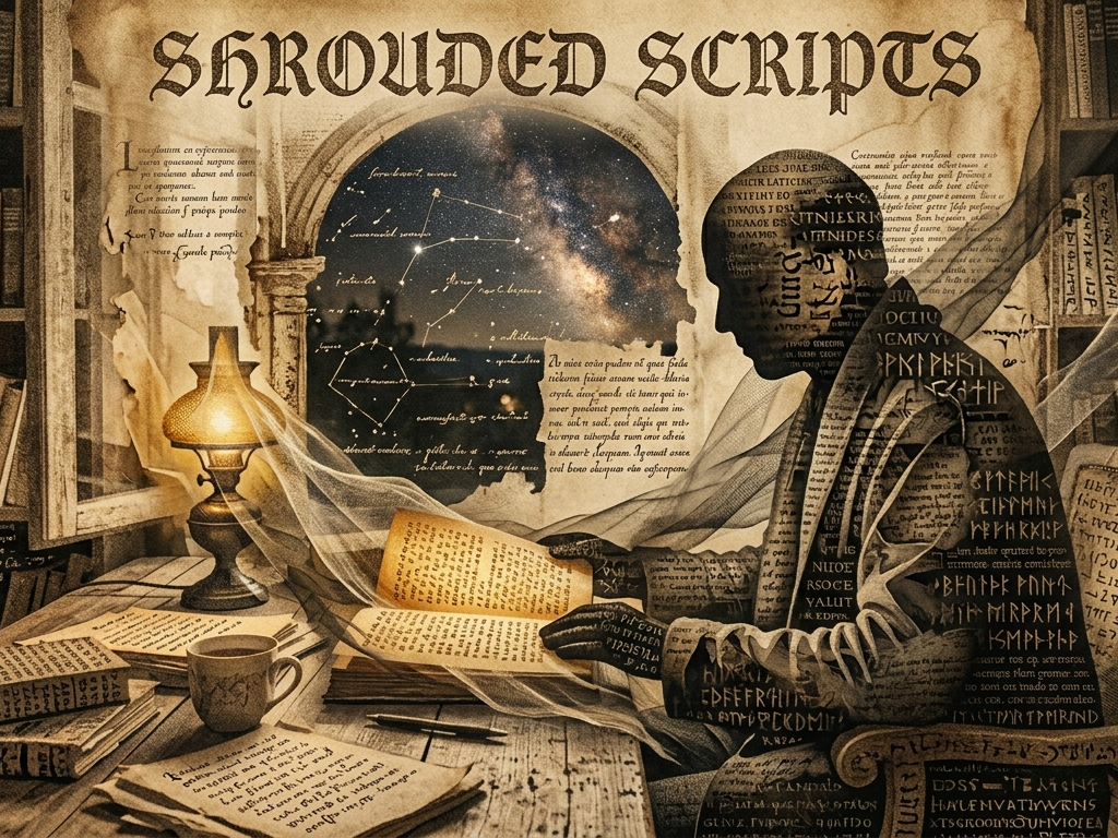 An abstract, cinematic image. The scene depicts a dark, atmospheric room filled with bookshelves and scattered manuscripts. In the center, a genderless human silhouette sits at a wooden desk, its form composed of shifting layers of ancient text and cryptic symbols. The silhouette is reading an open book that emits a soft, golden inner glow. Behind the figure, a large arched window looks out onto a vast, dark sky filled with stars and a glowing nebula. The words "SHROUDED SCRIPTS" are displayed at the top in a gothic, weathered typeface. The overall aesthetic is mysterious and intellectual, utilizing a muted palette of sepia, deep charcoal, and warm gold highlights.