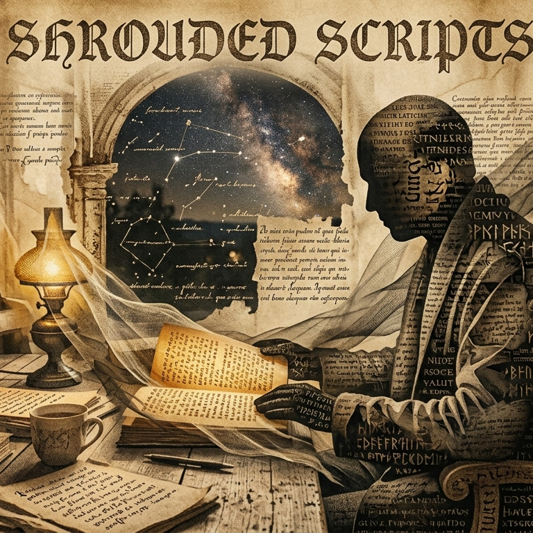 An abstract, cinematic image. The scene depicts a dark, atmospheric room filled with bookshelves and scattered manuscripts. In the center, a genderless human silhouette sits at a wooden desk, its form composed of shifting layers of ancient text and cryptic symbols. The silhouette is reading an open book that emits a soft, golden inner glow. Behind the figure, a large arched window looks out onto a vast, dark sky filled with stars and a glowing nebula. The words "SHROUDED SCRIPTS" are displayed at the top in a gothic, weathered typeface. The overall aesthetic is mysterious and intellectual, utilizing a muted palette of sepia, deep charcoal, and warm gold highlights.