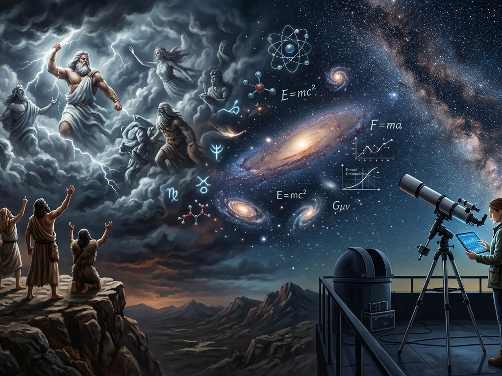 An allegorical illustration contrasting ancient mythological belief with modern scientific understanding. On the left, ancient figures on a rugged cliff look in awe and worship at powerful classical gods emerging from dark, dramatic storm clouds. On the right, a modern female astronomer is on an observatory platform, using a large telescope and a tablet under a clear, vast, star-filled night sky and the Milky Way. The central sky is a gradient, showing mythological figures fading into deep space filled with galaxies, nebulae, atom models, and floating scientific formulas like E=mc² and F=ma, representing the evolution of cosmic understanding. A river valley winds below in the distance.