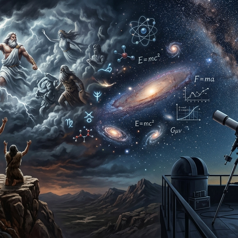 An allegorical illustration contrasting ancient mythological belief with modern scientific understanding. On the left, ancient figures on a rugged cliff look in awe and worship at powerful classical gods emerging from dark, dramatic storm clouds. On the right, a modern female astronomer is on an observatory platform, using a large telescope and a tablet under a clear, vast, star-filled night sky and the Milky Way. The central sky is a gradient, showing mythological figures fading into deep space filled with galaxies, nebulae, atom models, and floating scientific formulas like E=mc² and F=ma, representing the evolution of cosmic understanding. A river valley winds below in the distance.