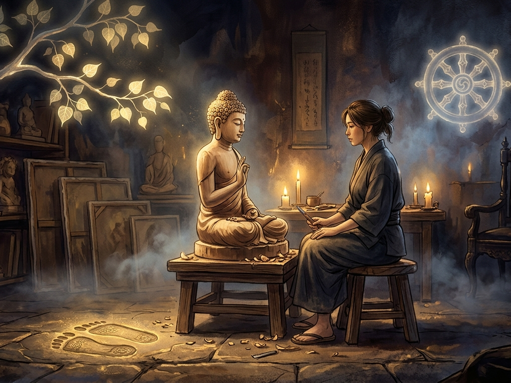 A poetic, atmospheric illustration of a female artist sitting in a dim, candle-lit studio, contemplating a partially carved Buddha statue. The scene is rich with Buddhist symbolism: a glowing Bodhi tree branch reaches from above, luminous ancient footprints rest on the stone floor, an empty throne sits in the shadows, and a faint Dharmachakra wheel floats in the background. The artwork features a dreamlike palette of warm gold and deep indigo, with soft mist and textured, painterly brushstrokes.