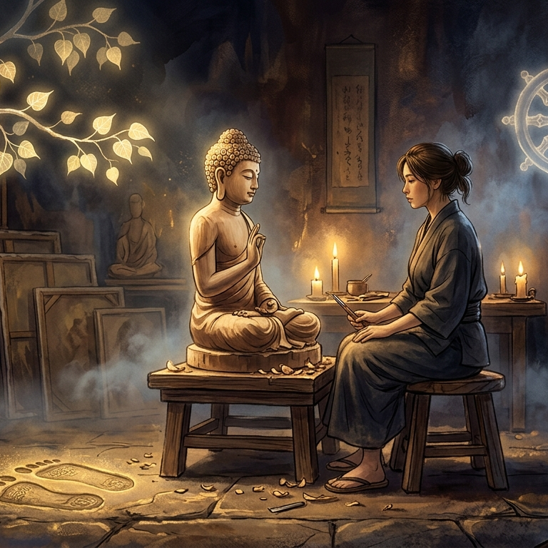 A poetic, atmospheric illustration of a female artist sitting in a dim, candle-lit studio, contemplating a partially carved Buddha statue. The scene is rich with Buddhist symbolism: a glowing Bodhi tree branch reaches from above, luminous ancient footprints rest on the stone floor, an empty throne sits in the shadows, and a faint Dharmachakra wheel floats in the background. The artwork features a dreamlike palette of warm gold and deep indigo, with soft mist and textured, painterly brushstrokes.