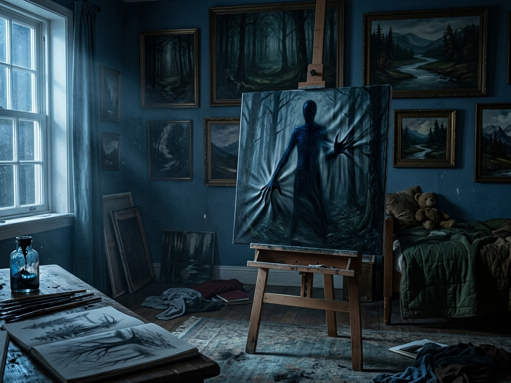A cinematic, dimly lit child’s bedroom where a tall, shimmering black shadow figure presses against a canvas on a wooden easel, its elongated hands stretching the fabric from within. Pale blue moonlight illuminates scattered sketchbooks, brushes, and a cracked bottle of dark paint on a nearby desk.