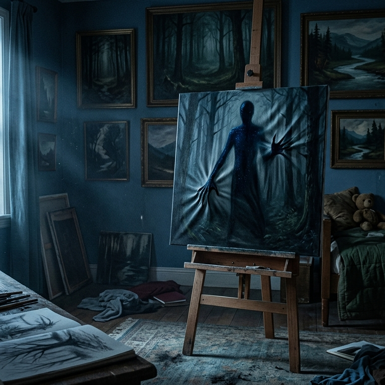A cinematic, dimly lit child’s bedroom where a tall, shimmering black shadow figure presses against a canvas on a wooden easel, its elongated hands stretching the fabric from within. Pale blue moonlight illuminates scattered sketchbooks, brushes, and a cracked bottle of dark paint on a nearby desk.