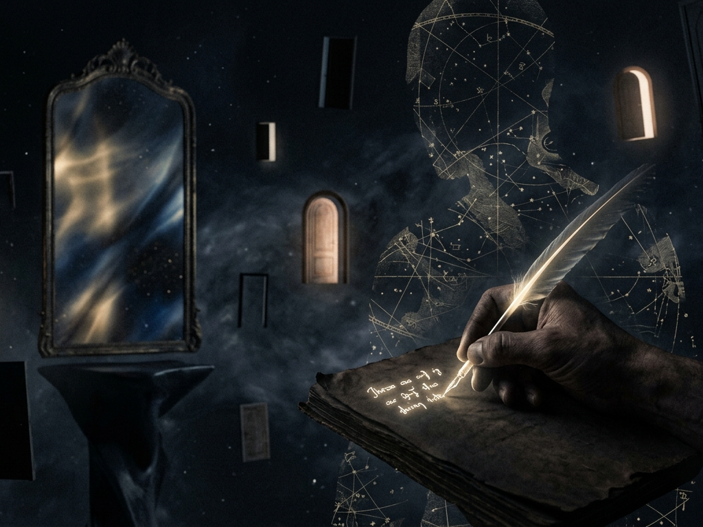 A surreal, cinematic image featuring a lone human hand in the foreground writing on aged paper with glowing gold ink. A faint, human silhouette composed of a fragmented, golden map overlaps the center of the frame. The background is a vast, dark cosmic space where several abstract wooden doors float at various angles, some glowing with soft interior light. To the left, a tall, ornate mirror reflects shifting patterns of blue and gold light rather than the scene itself. The color palette is dominated by deep blues, blacks, and greys, punctuated by ethereal highlights of gold and white.