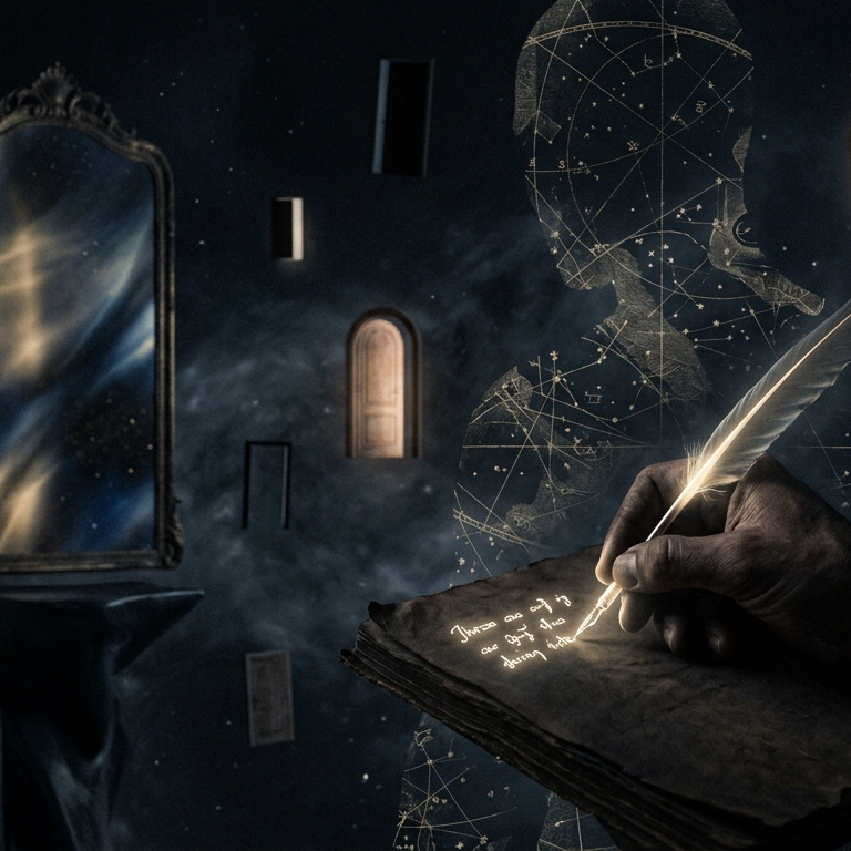 A surreal, cinematic image featuring a lone human hand in the foreground writing on aged paper with glowing gold ink. A faint, human silhouette composed of a fragmented, golden map overlaps the center of the frame. The background is a vast, dark cosmic space where several abstract wooden doors float at various angles, some glowing with soft interior light. To the left, a tall, ornate mirror reflects shifting patterns of blue and gold light rather than the scene itself. The color palette is dominated by deep blues, blacks, and greys, punctuated by ethereal highlights of gold and white.