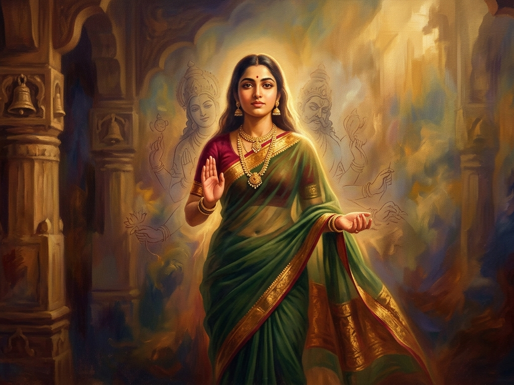 A 19th-century-style Indian oil painting of a luminous woman in a green and gold sari, standing in a temple. Her form is radiant, surrounded by faint, dissolving outlines of mythological figures. The scene blends classical architecture with an abstract, golden glow, creating a spiritual and defiant atmosphere.
