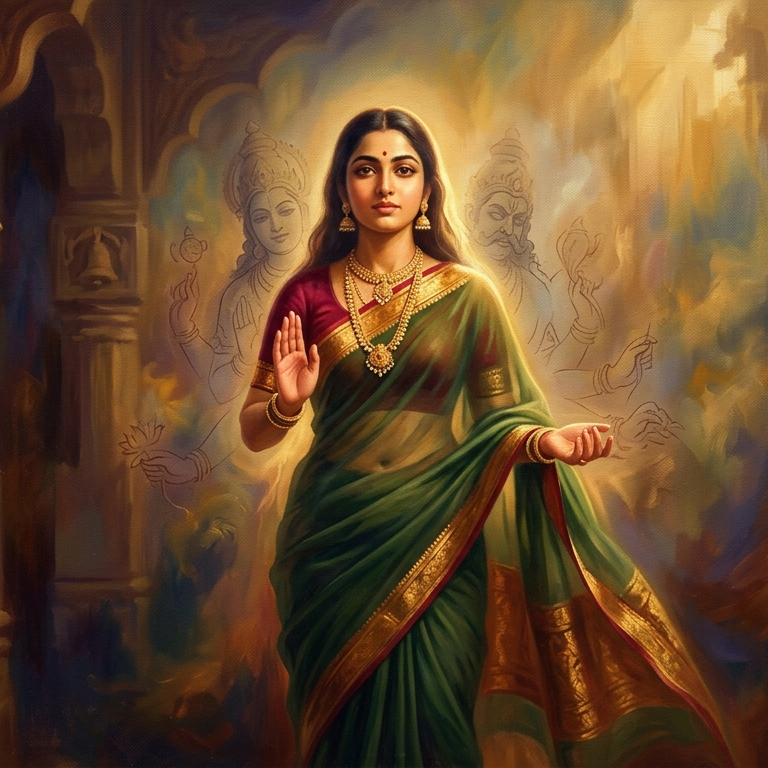 A 19th-century-style Indian oil painting of a luminous woman in a green and gold sari, standing in a temple. Her form is radiant, surrounded by faint, dissolving outlines of mythological figures. The scene blends classical architecture with an abstract, golden glow, creating a spiritual and defiant atmosphere.