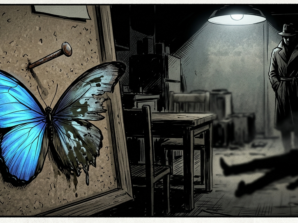 A noir-style comic panel shows a dead body’s silhouette on the floor of a dimly lit room, with a shadowed detective in a trench coat watching from the background. In the foreground, a large butterfly is pinned to a corkboard, with one wing bright blue and the other tattered and decay.