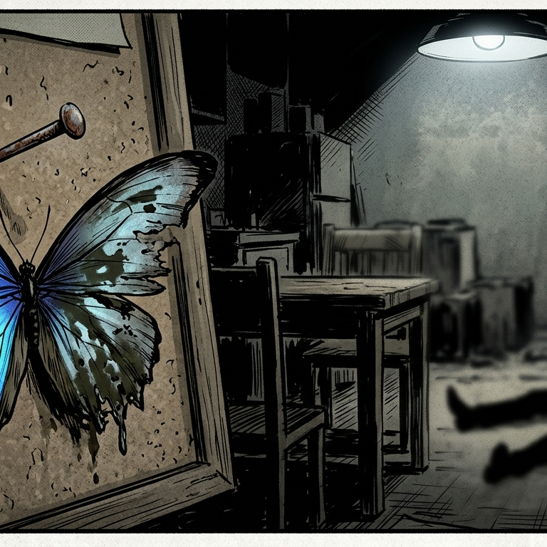 A noir-style comic panel shows a dead body’s silhouette on the floor of a dimly lit room, with a shadowed detective in a trench coat watching from the background. In the foreground, a large butterfly is pinned to a corkboard, with one wing bright blue and the other tattered and decay.