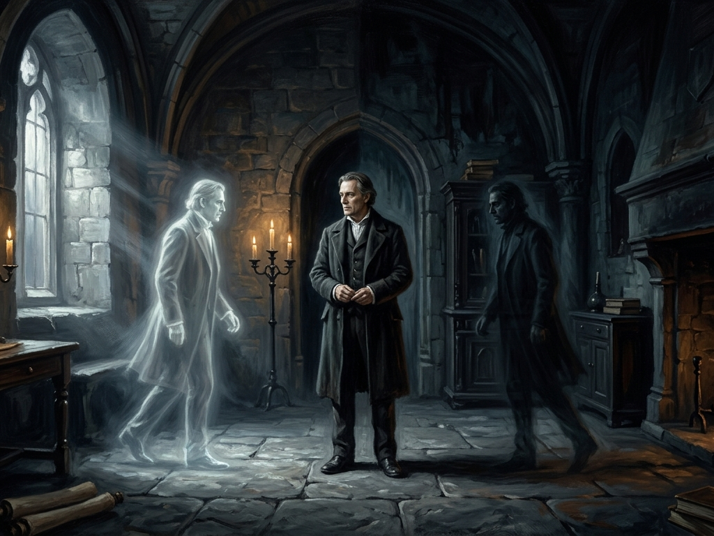 A moody, painterly gothic illustration of a man standing in a stone chamber divided by light and shadow. To his left, a glowing spectral version of himself emerges from a pale silver light; to his right, a dark spectral double fades into deep shadows, creating a surreal atmosphere of psychological mystery.