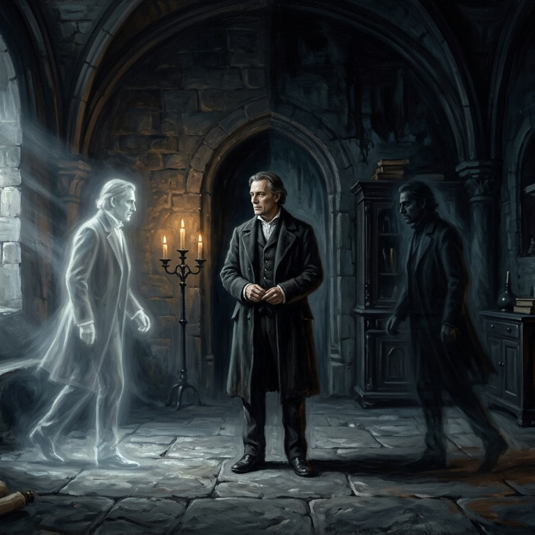 A moody, painterly gothic illustration of a man standing in a stone chamber divided by light and shadow. To his left, a glowing spectral version of himself emerges from a pale silver light; to his right, a dark spectral double fades into deep shadows, creating a surreal atmosphere of psychological mystery.