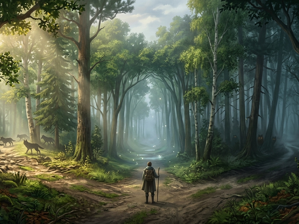 A cinematic, atmospheric illustration of a lush green forest at dawn. A lone, contemplative human silhouette stands at a crossroads where a narrow dirt road splits into three paths. To the left, a sun-drenched path shows wolf silhouettes retreating into the trees. The middle path leads into a misty corridor of tall trees forming a natural arch, ending in soft fog and shimmering light. To the right, a darker, shadowed path curves away, with faint, glowing wolf eyes visible in the mist between the trees. Soft golden sunlight filters through the leaves, mixing with cool mist and creating long shadows, evoking a sense of peaceful yet psychologically tense existential choice.
