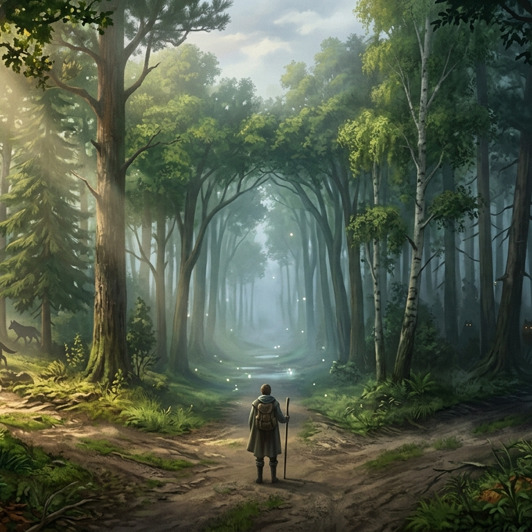 A cinematic, atmospheric illustration of a lush green forest at dawn. A lone, contemplative human silhouette stands at a crossroads where a narrow dirt road splits into three paths. To the left, a sun-drenched path shows wolf silhouettes retreating into the trees. The middle path leads into a misty corridor of tall trees forming a natural arch, ending in soft fog and shimmering light. To the right, a darker, shadowed path curves away, with faint, glowing wolf eyes visible in the mist between the trees. Soft golden sunlight filters through the leaves, mixing with cool mist and creating long shadows, evoking a sense of peaceful yet psychologically tense existential choice.