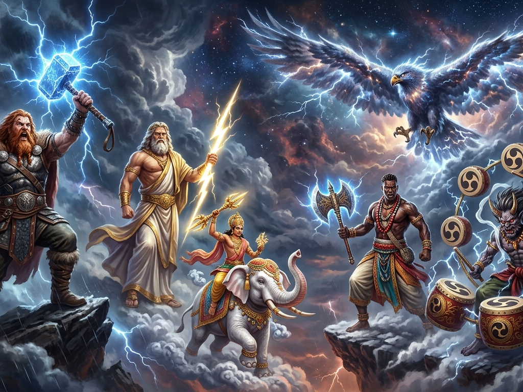 A cinematic fantasy illustration of world thunder deities standing together in a stormy cosmic sky. Featured are Thor with a glowing hammer, Zeus holding a lightning bolt, Indra riding a white elephant through clouds, Shango with a double-headed axe, Raijin surrounded by a ring of thunder drums, and a massive Thunderbird with wings spread across a nebula-filled sky.