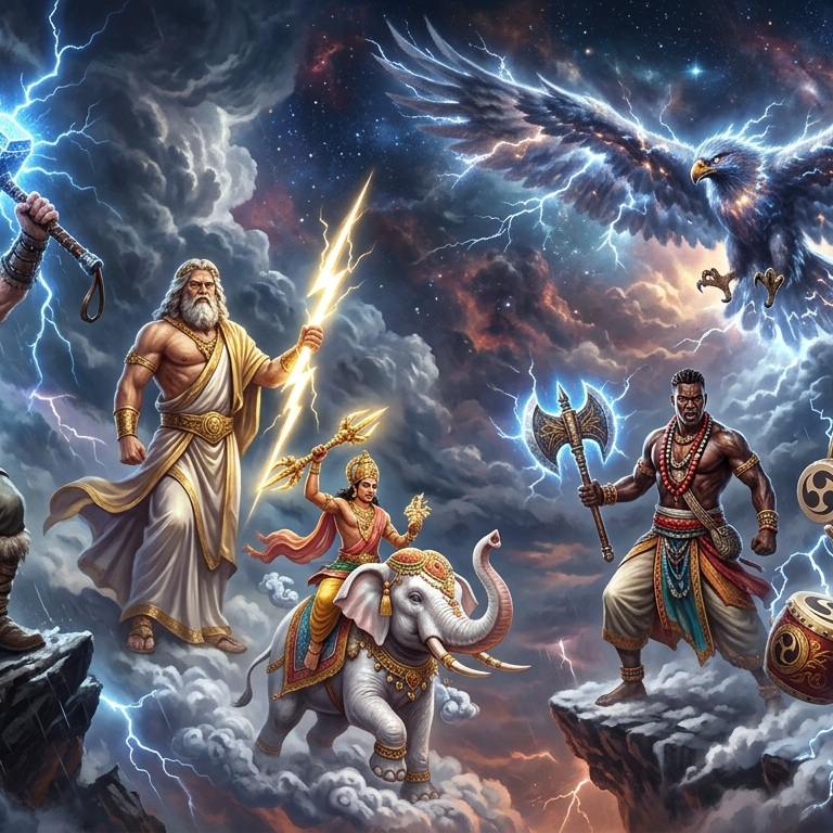 A cinematic fantasy illustration of world thunder deities standing together in a stormy cosmic sky. Featured are Thor with a glowing hammer, Zeus holding a lightning bolt, Indra riding a white elephant through clouds, Shango with a double-headed axe, Raijin surrounded by a ring of thunder drums, and a massive Thunderbird with wings spread across a nebula-filled sky.